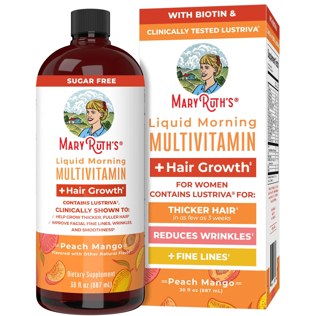 MaryRuths Liquid Multivitamin + Lustriva® Hair Growth for Women| Biotin 10000mcg | Vitamin D | B Vitamins | Clinically Tested for Thicker Hair Wrinkles Fine Lines Skin Care | Ages 18+ | 30 Fl Oz