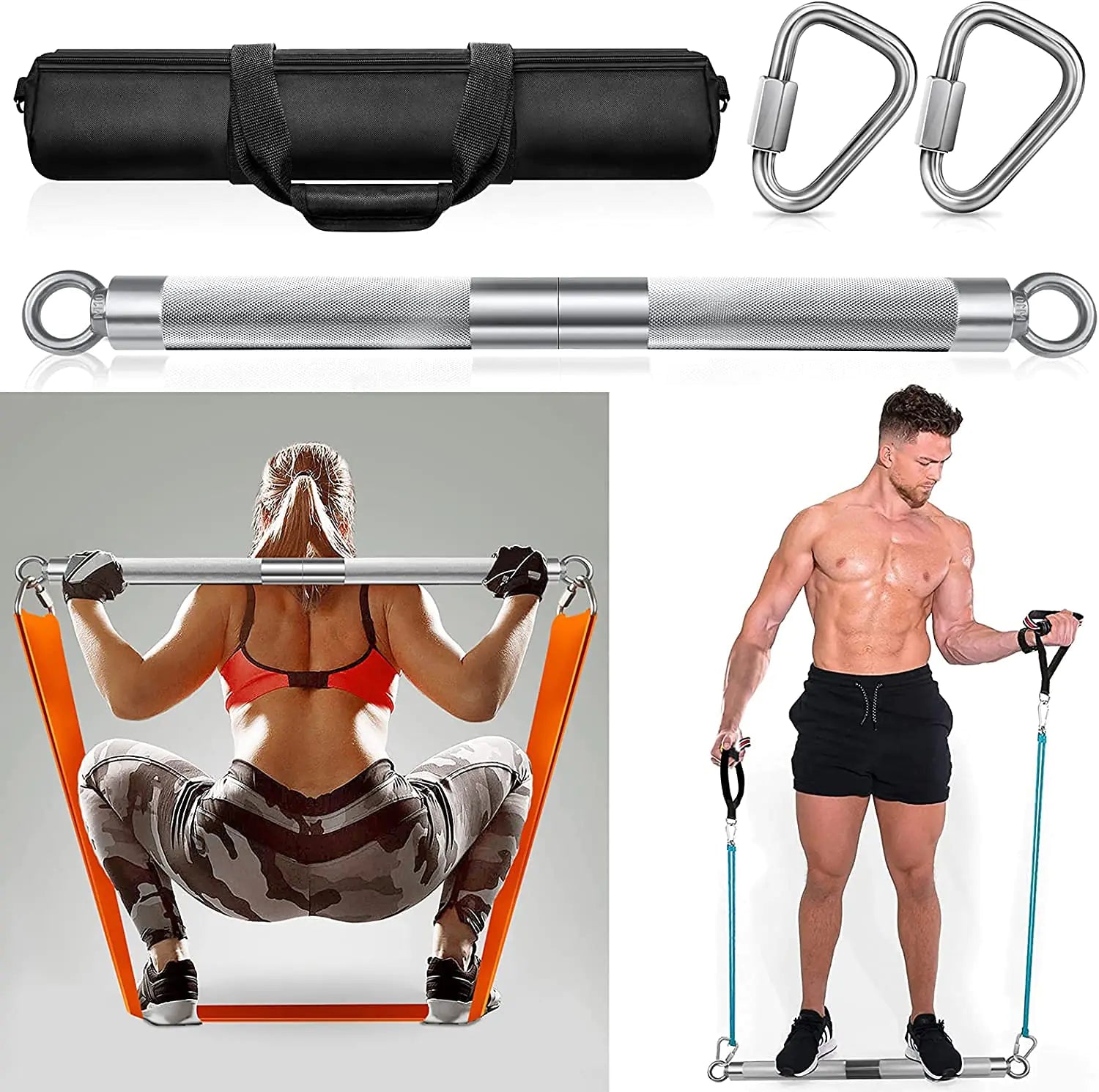 DASKING Detachable Resistance Bands Bar 30"/35.4"/38.5" Length Workout Bar Exercise Bar Max Load 500LBS for Home Gym Workout Full Body Workout Power Lifting Fitness Bar(No resistance bands)