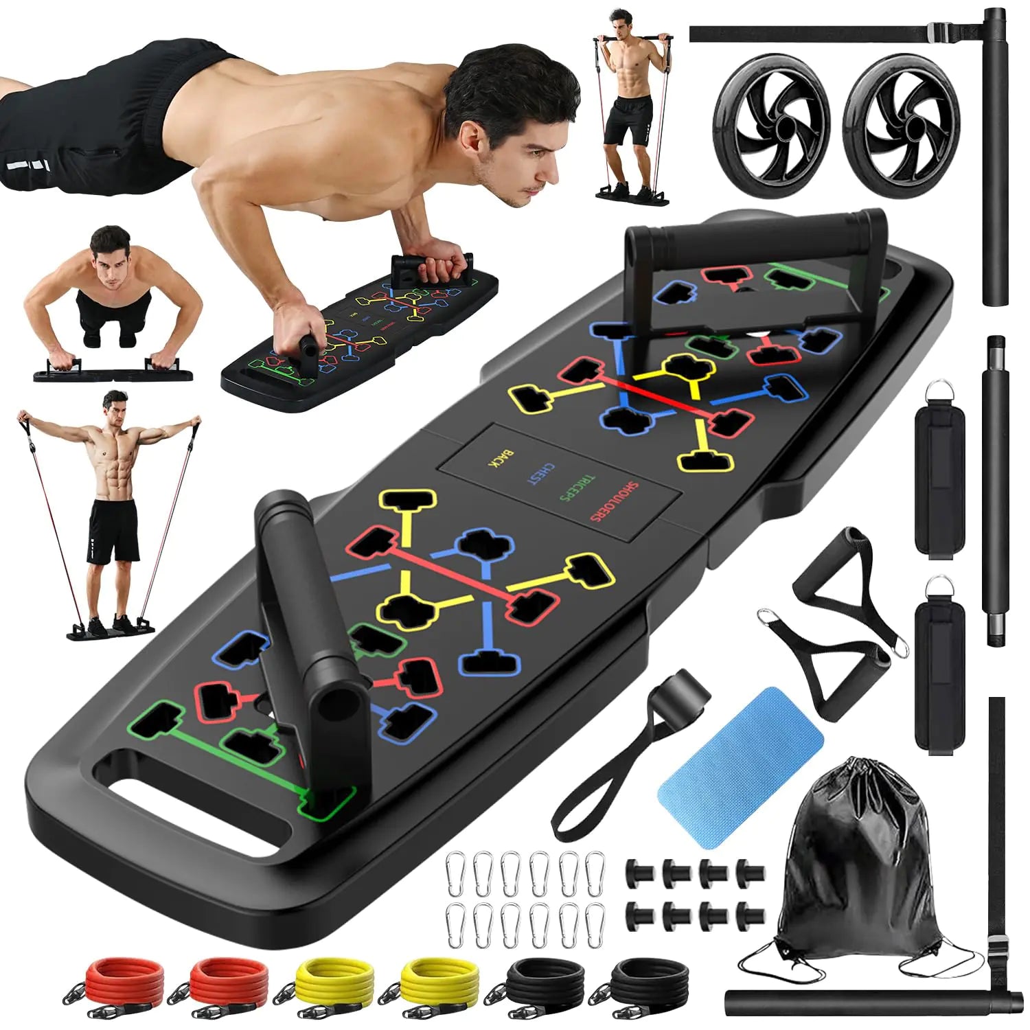 Push Up BoardHome GymPortable Exercise EquipmentPilates Bar and 20 Fitness Accessories with Resistance Bands and Ab Roller WheelFull Body Workout at Home