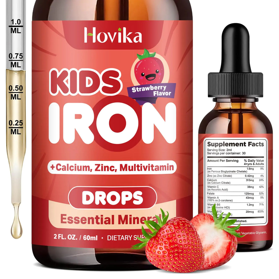 Liquid Iron Supplement for Kids & Women Men - with Calcium Zinc & Kids Multivitamin Iron Drops - Immune Support Blood Builder & Energy Support for Iron Deficiency Anemia Vegan 2 Fl Oz