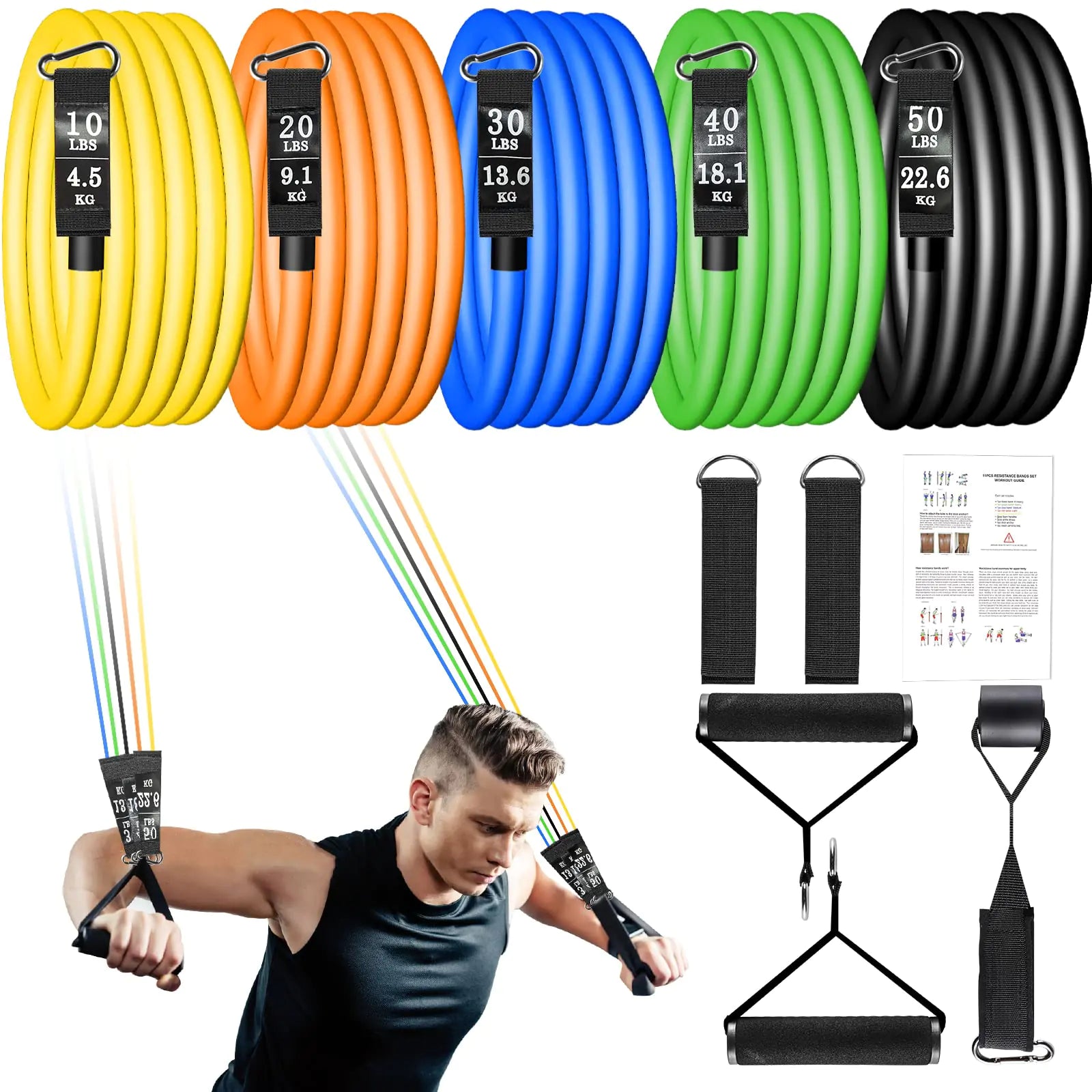 Resistance Bands Set with Large Handles Natural Exercise Rubber Bands Stackable up to 150 lbs Comes as a Set of 5 Fitness Workout Bands with Ankle Straps Door Anchor Attachment Carry Bag