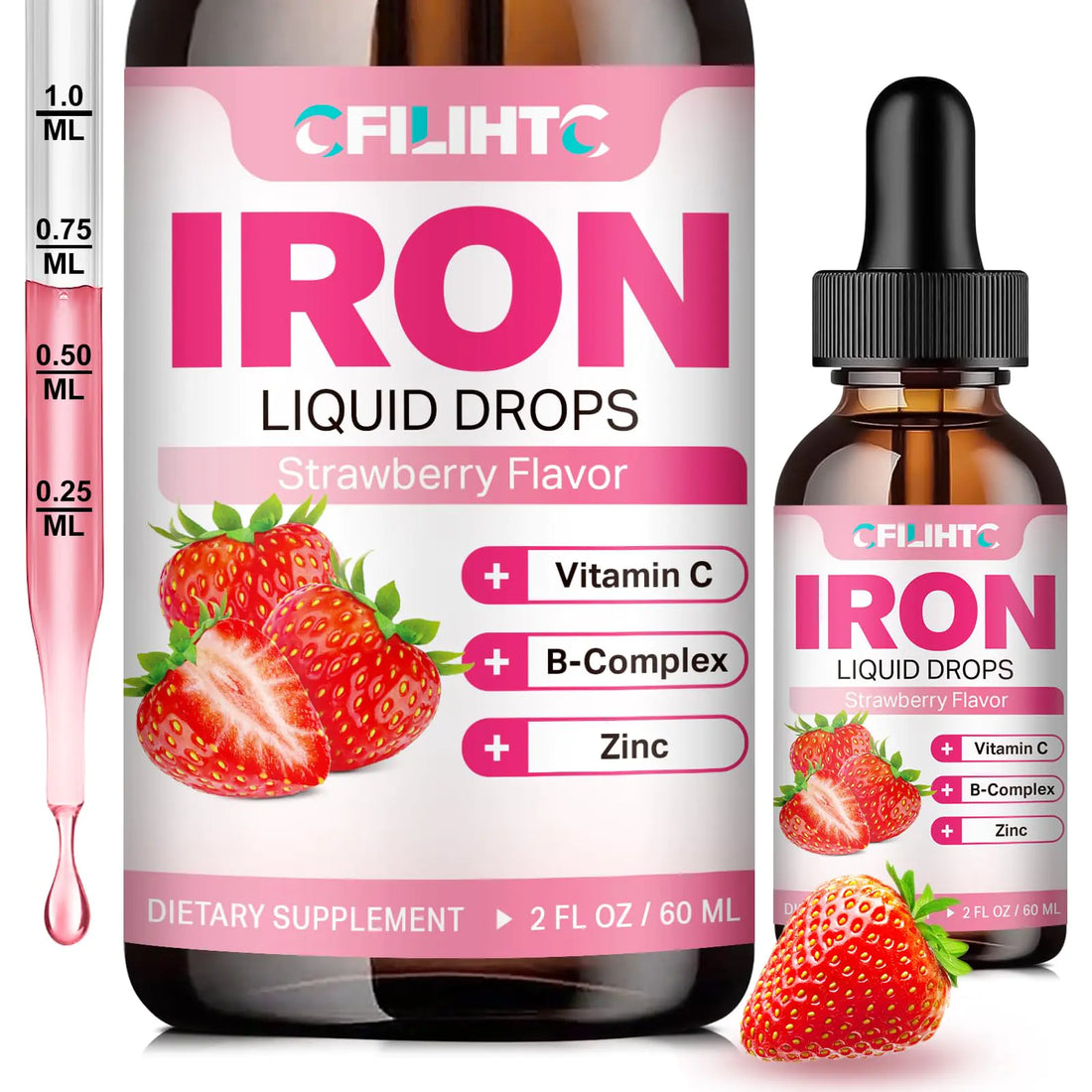 Liquid Iron Supplement for Women Men & Kids Multivitamin Iron Drops with Folate Vitamin C B6 B12 Zinc for Anemia Iron Deficiency Blood Builder Energy - Natural Strawberry Flavor Vegan 2 Fl Oz
