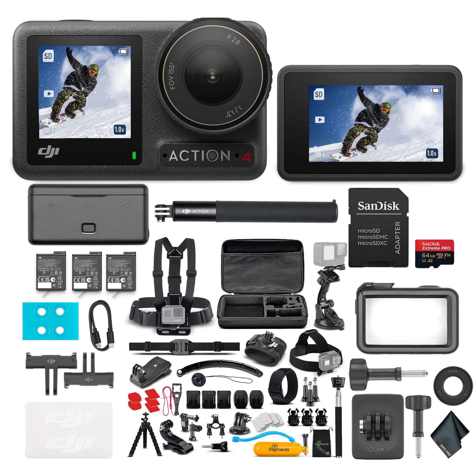 DJI Osmo Action 4 Adventure Kit - 4K Waterproof Sports Camera with Dual Screens + 64GB Card & Accessories