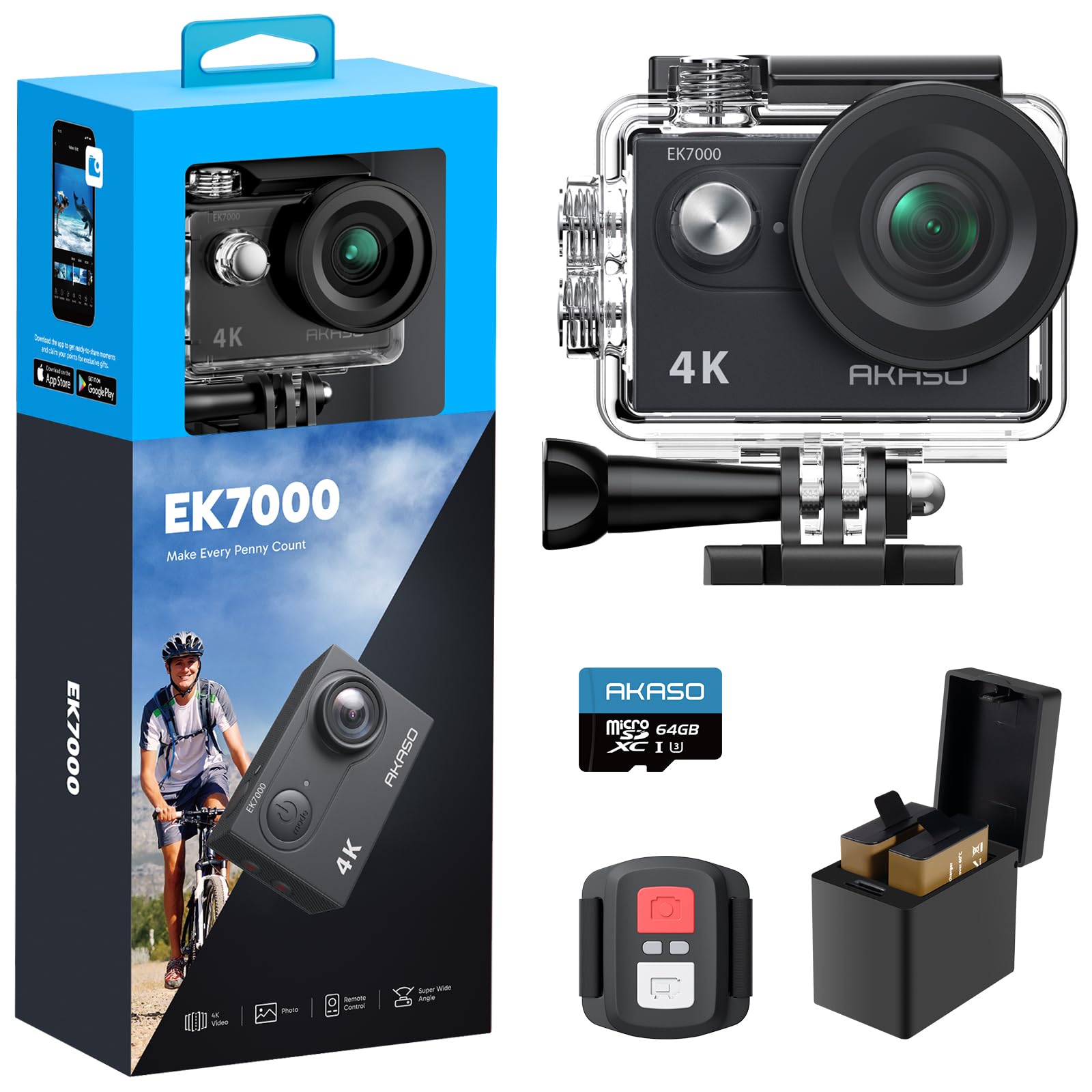 AKASO EK7000 Ultra HD 4K Action Camera Bundle with 64GB Card and Waterproof Case