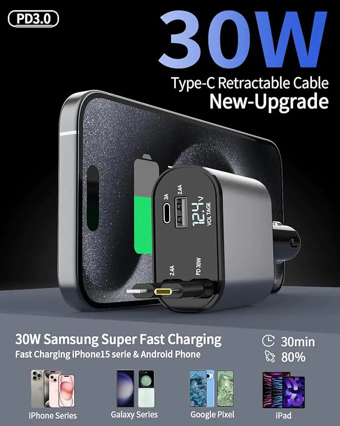 TIKTOK SHOP Retractable Car Charger, 4 in 1 Fast Car Phone Charger 66W, Retractable Cables and USB Car Charger,Compatible with iPhone 15/14/13/12/11,Galaxy,Pixel - Oana Prime Shop