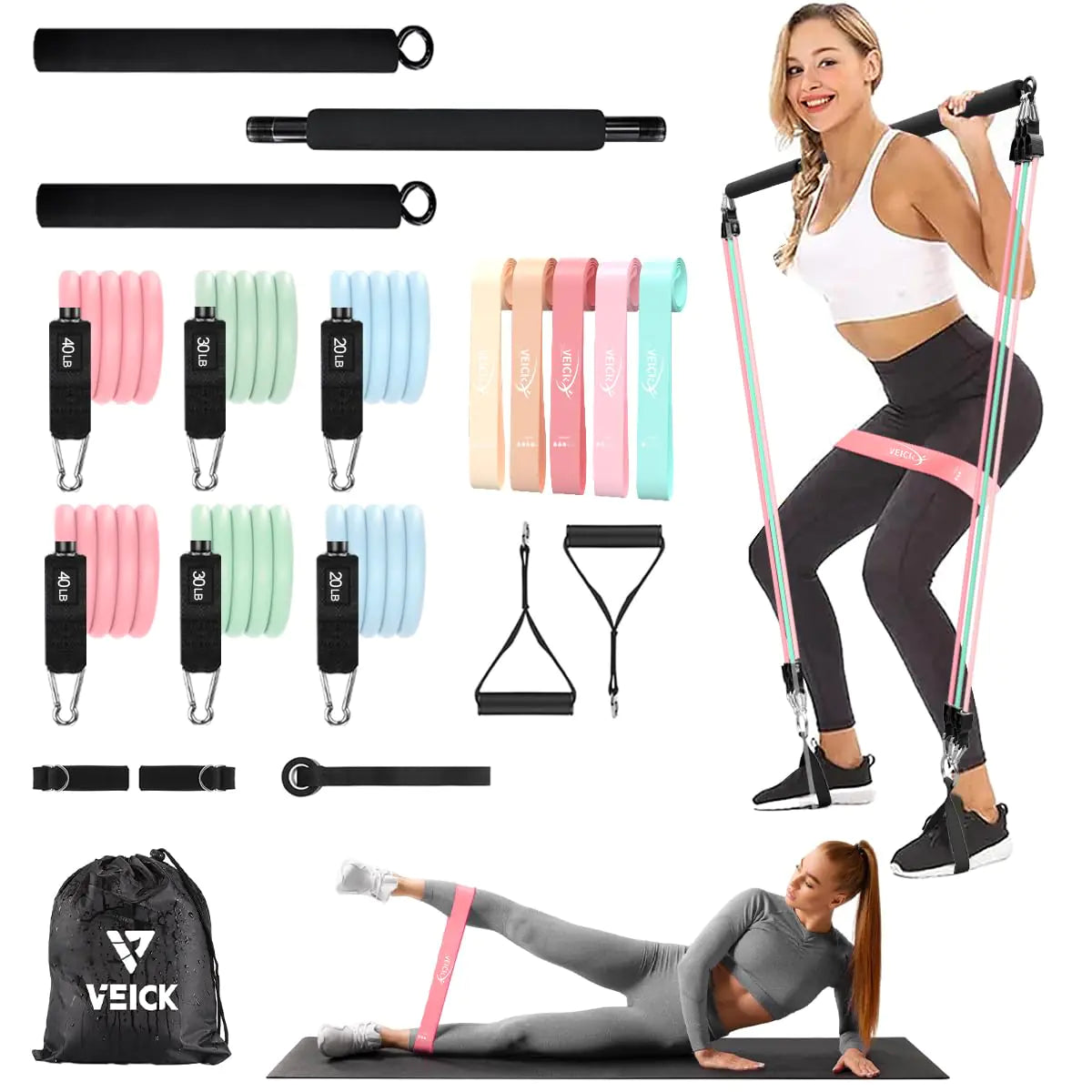 VEICK Pilates Bar Kit with Resistance Bands Elastic Workout Bands for Men and Women Set of 5 Resistance Loop Bands for Home Fitness Stretching Strength Training Physical Therap Light Pink