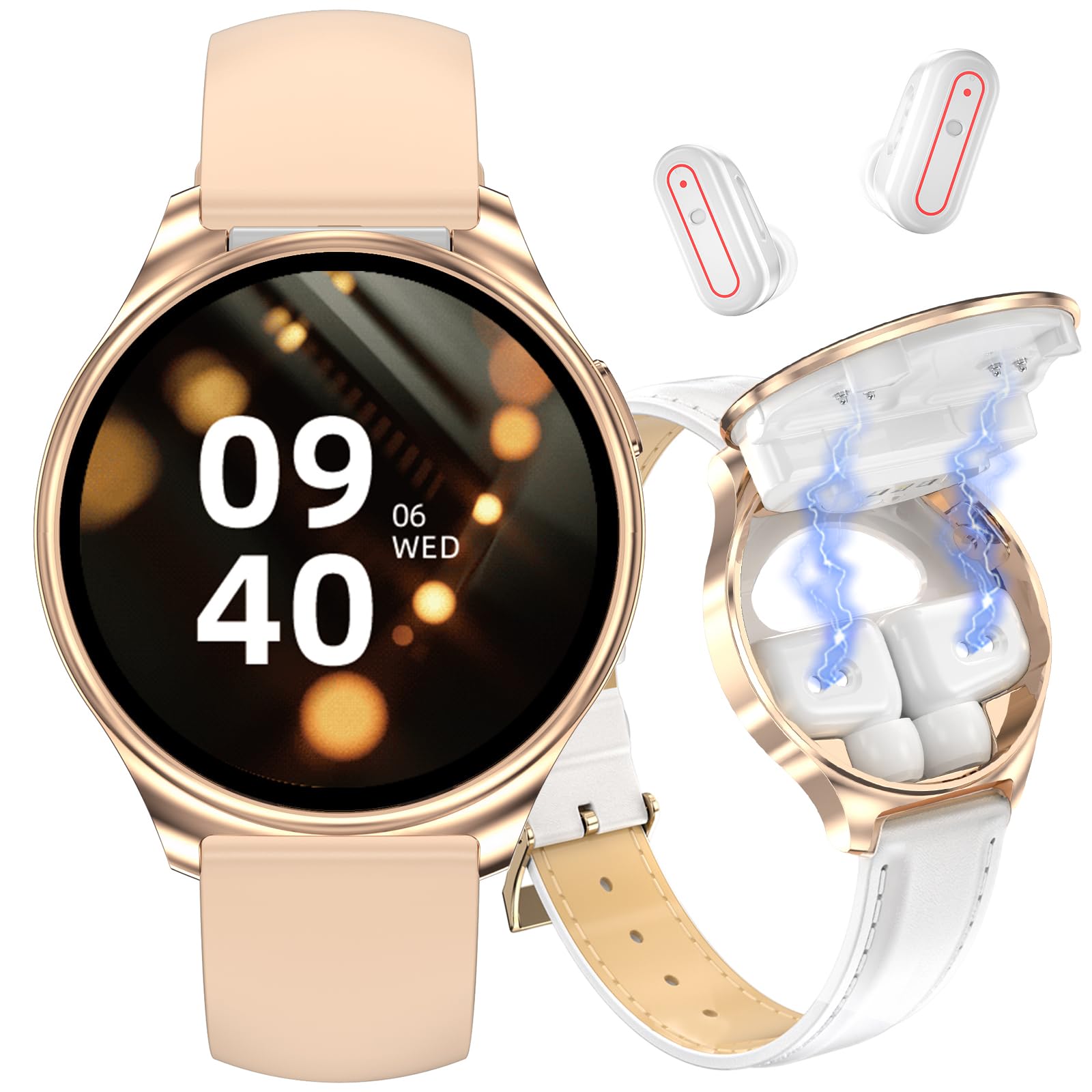 Women’s Smartwatch 1.27″ + Earbuds Fitness Tracker Gold