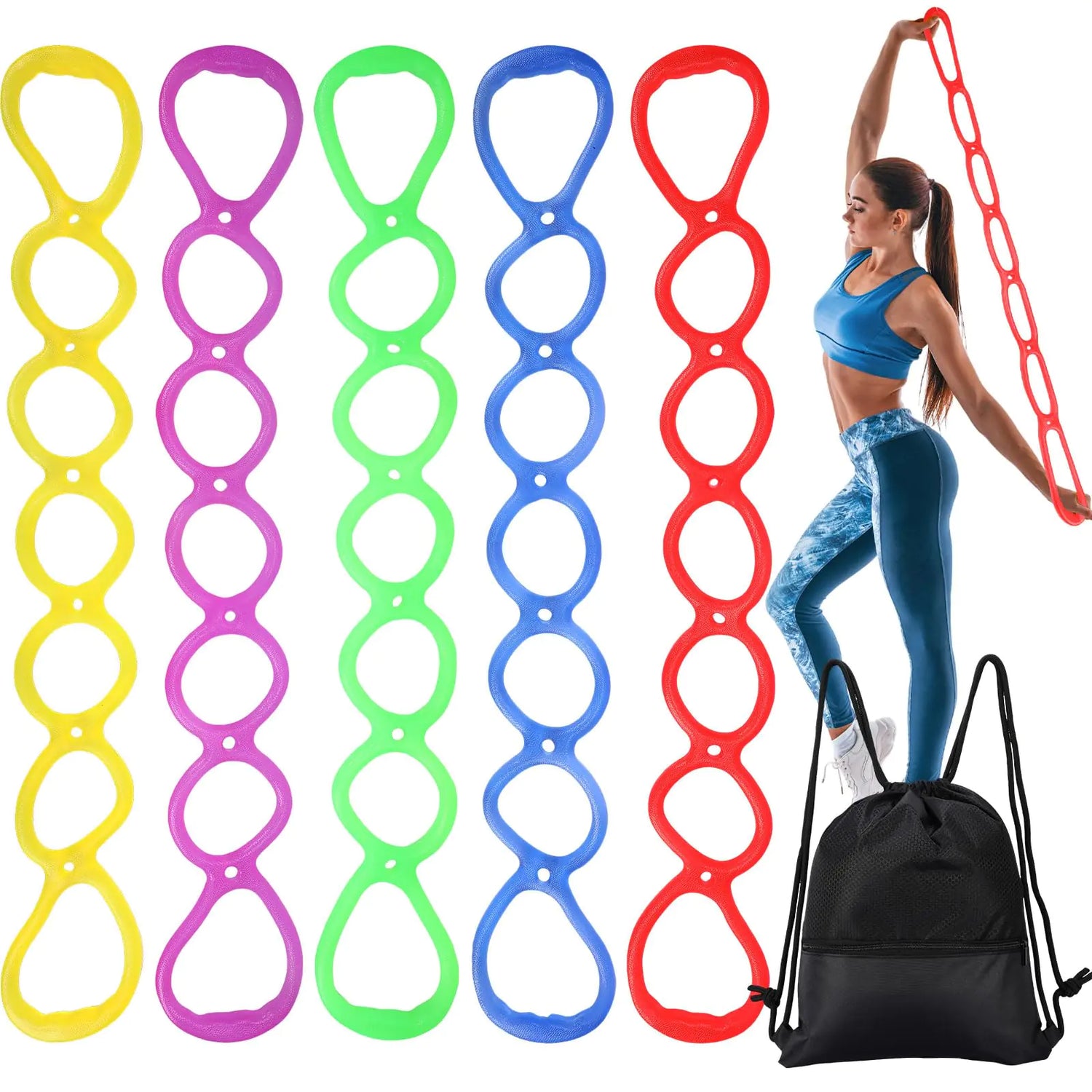 Zomiboo 5 Pcs 7 Ring Resistance Exercise Bands Resistance Stretch Band with Drawstring Backpack Bag Portable TPR Elastic Stretching Bands Leg and Arm Exerciser for Home or Fitness Center Walking