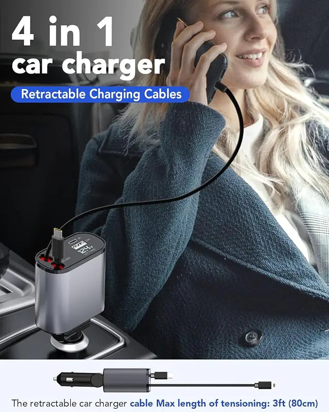 TIKTOK SHOP Retractable Car Charger, 4 in 1 Fast Car Phone Charger 66W, Retractable Cables and USB Car Charger,Compatible with iPhone 15/14/13/12/11,Galaxy,Pixel - Oana Prime Shop
