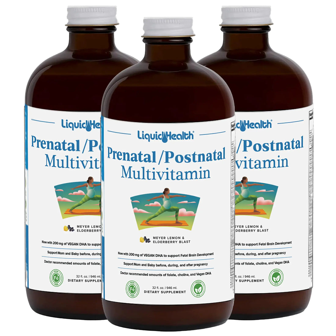 LIQUIDHEALTH Prenatal/Postnatal Multiple Liquid Womens Multivitamin with Real Folate - Pre &amp; Postnatal Vitamins for Before During After Pregnancy - Vegan Sugar-Free Non GMO Great Taste (3 Pack)