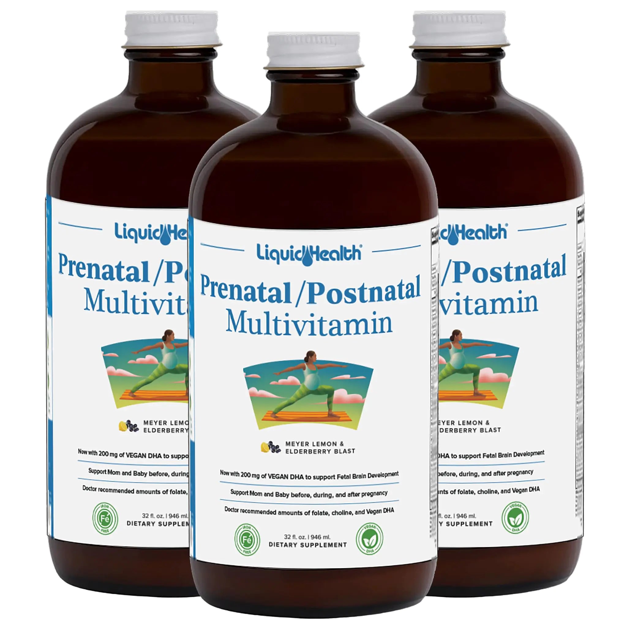 LIQUIDHEALTH Prenatal/Postnatal Multiple Liquid Womens Multivitamin with Real Folate - Pre &amp; Postnatal Vitamins for Before During After Pregnancy - Vegan Sugar-Free Non GMO Great Taste (3 Pack)