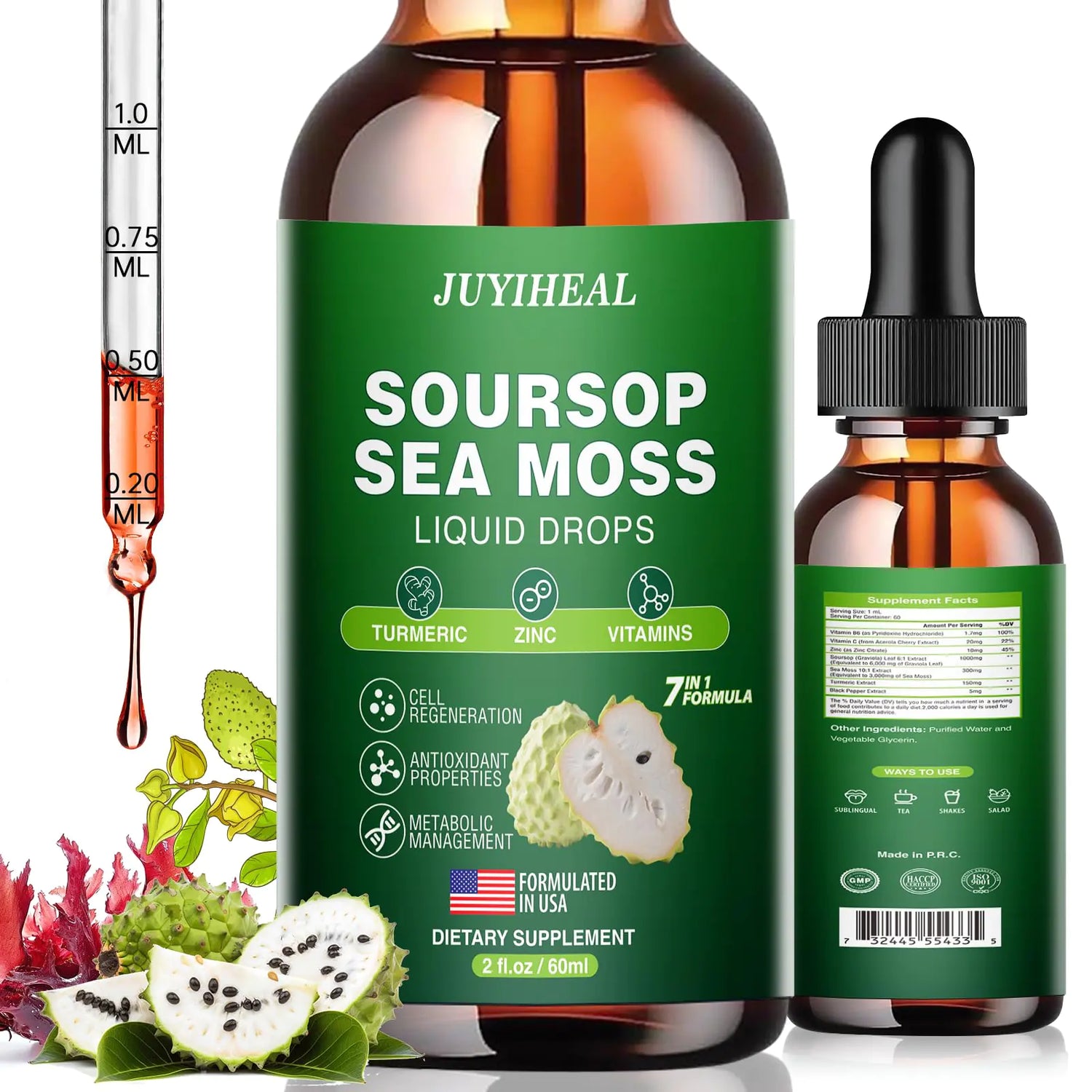 JUYIHEAL Soursop Graviola Liquid Drop Plus Sea Moss Extract Soursop Multivitamin Drops Soursop Bitters Liquid Soursop Leaves Extract for Cell Support Immune Boost Relax 2 Fl Oz