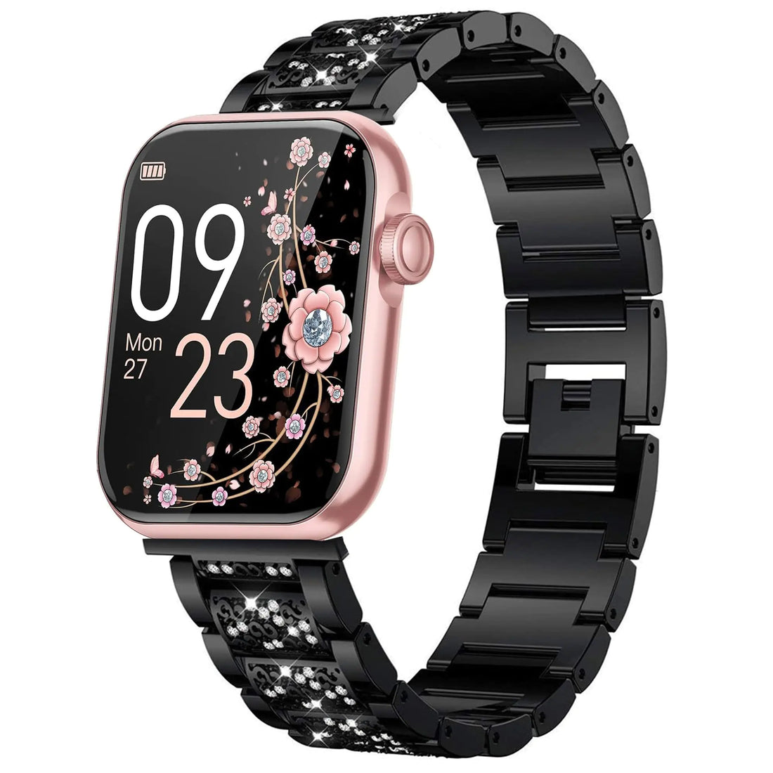 Compatible for AKUMAKA Smart Watch Bands 22mm Jewelry Bling Diamond Metal Dressy Strap Accessories Sports Band for Men Women Compatible with AKUMAKA G39 T90 209DK Smart Watch (For 22mm size band Black)