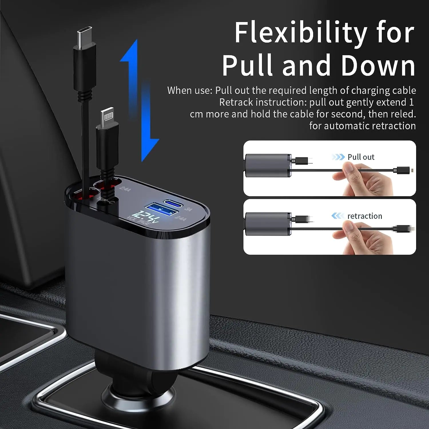 TIKTOK SHOP Retractable Car Charger, 4 in 1 Fast Car Phone Charger 66W, Retractable Cables and USB Car Charger,Compatible with iPhone 15/14/13/12/11,Galaxy,Pixel - Oana Prime Shop