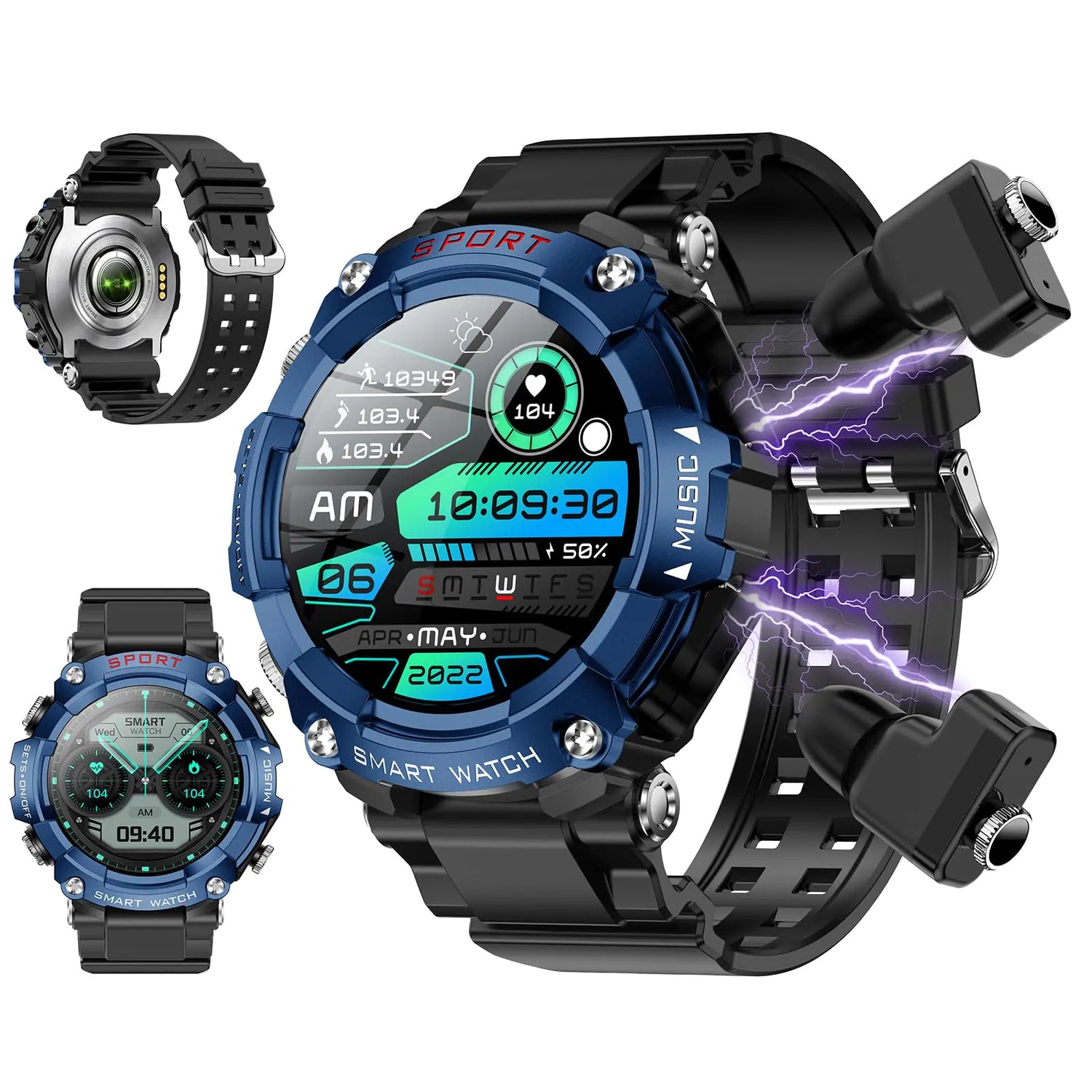 ATEVIX Smart Watch with Earbuds for Men 1.52 Inch Round Fitness Watch T96 2 in 1 Bluetooth Watch with StepCalories Sports Smart Watch Long Time Standby for iOS &amp; Android