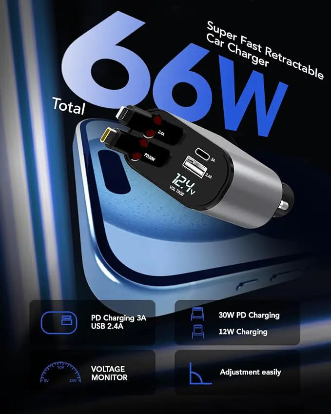TIKTOK SHOP Retractable Car Charger, 4 in 1 Fast Car Phone Charger 66W, Retractable Cables and USB Car Charger,Compatible with iPhone 15/14/13/12/11,Galaxy,Pixel - Oana Prime Shop