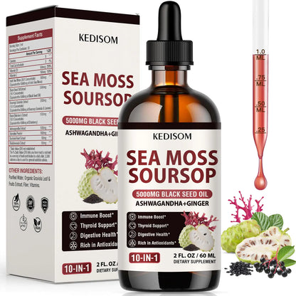 KEDISOM Irish Sea Moss Soursop Drops 2 Fl Oz - Sea Moss Black Seed Oil Multivitamin Liquid with Ashwagandha Burdock Root Bladderwrack Soursop Seamoss Supplement for Gut Immunity Thyroid Support