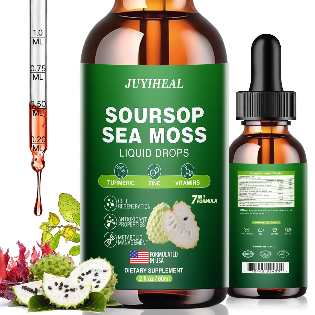 JUYIHEAL Soursop Graviola Liquid Drop Plus Sea Moss Extract Soursop Multivitamin Drops Soursop Bitters Liquid Soursop Leaves Extract for Cell Support Immune Boost Relax 2 Fl Oz