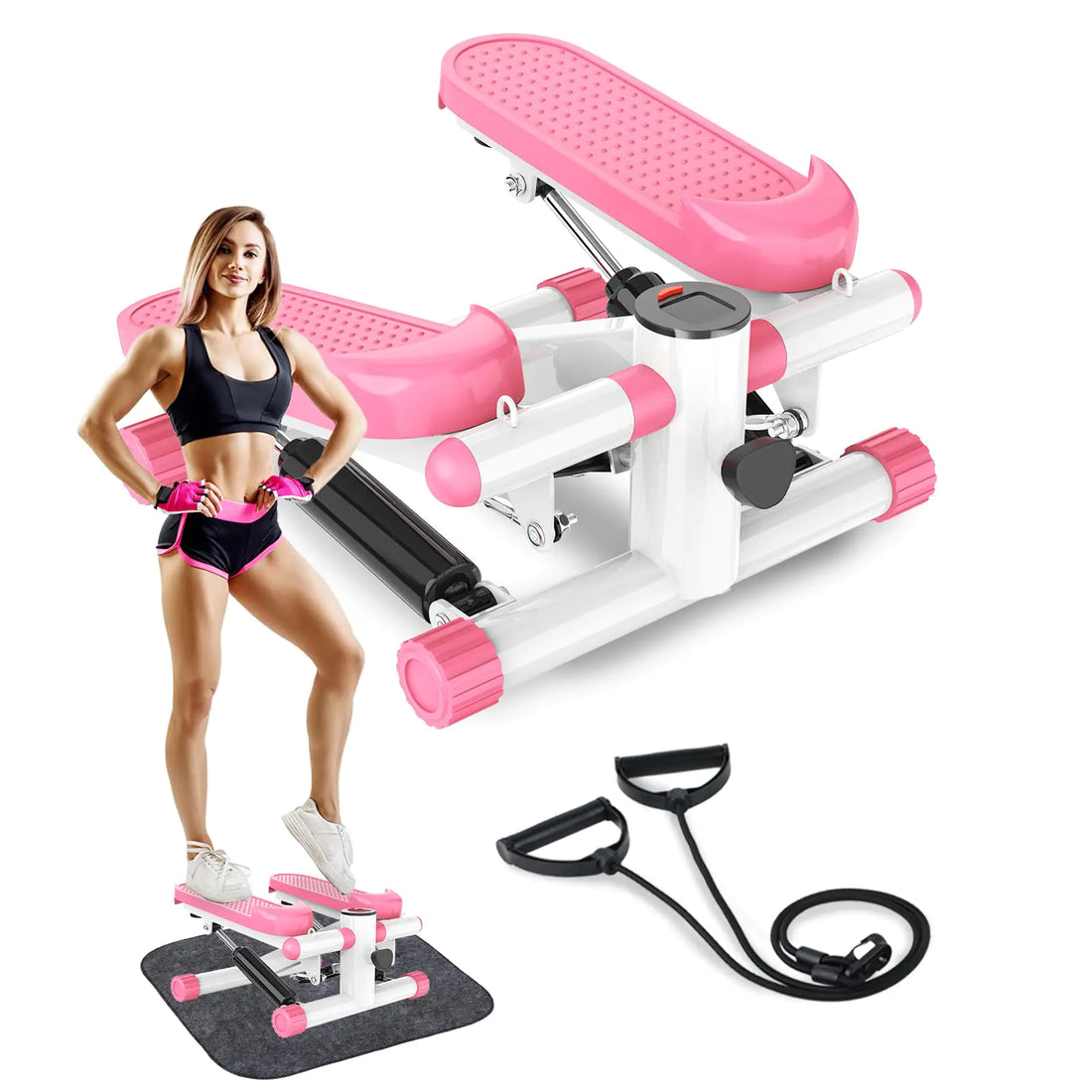Mini Stair Steppers with Resistance Bands: Twist Workout Equipment for Exercise at Home - Cardio Stepping Machine - Women Fitness Step Climber with LCD Monitor - Pink