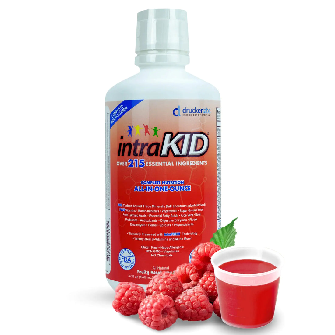 intraKID DRUCKER Labs 2.0 Organic Liquid Trace Minerals Liquid Multivitamin for Kids Immune Support Non GMO Dairy Free Gluten Free Magnesium Vitamin D C E Zinc (32 oz. Fruity Raspberry)