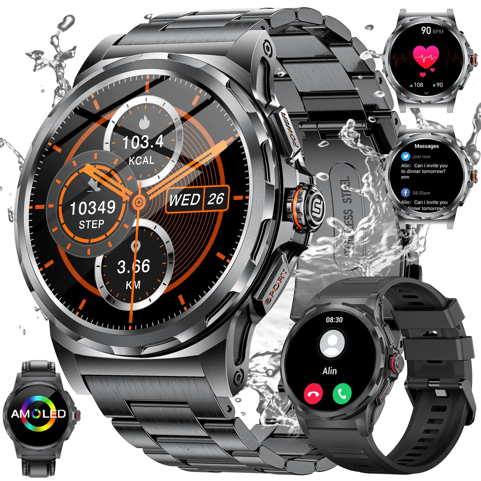 HIRREO Military Smart Watch for Men (3 Strap) Tactical Smart Watches for Bluetooth Call Blood Pressure/Heart Rate/Sleep Monitor Watch 1.43" AMOLED Men Smart Watches for iOS Android Compatible - Oana Prime Shop