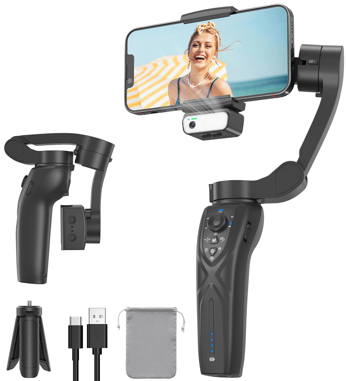 3-Axis Smartphone Gimbal with AI Tracking and Magnetic Light