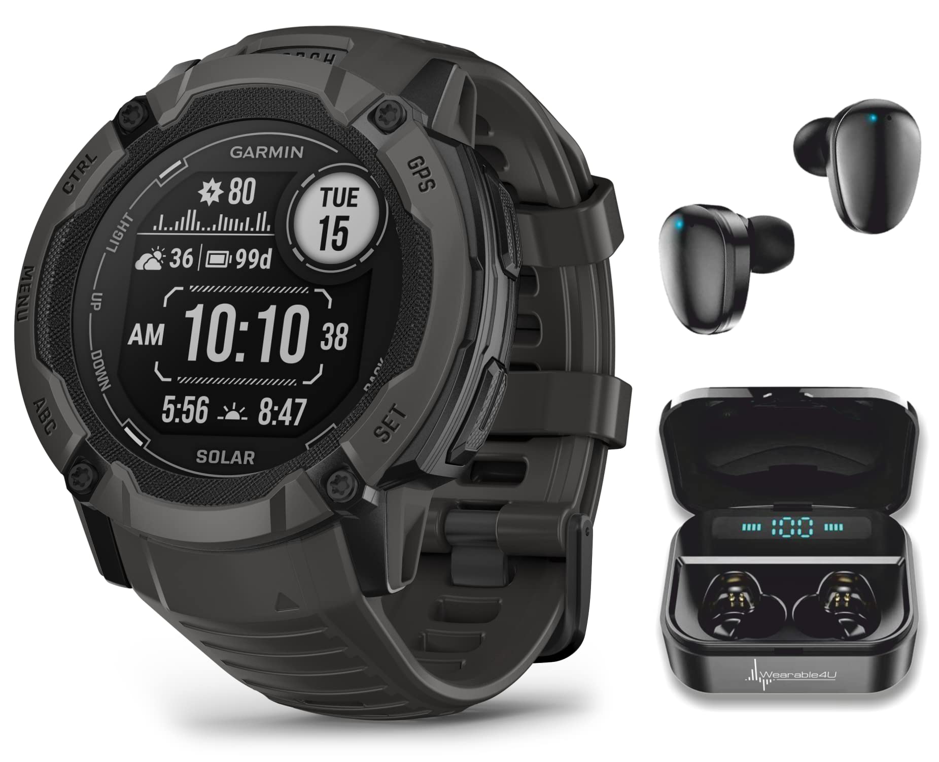 Garmin 2X Solar Charging Smart GPS Watch Earbuds Bundle