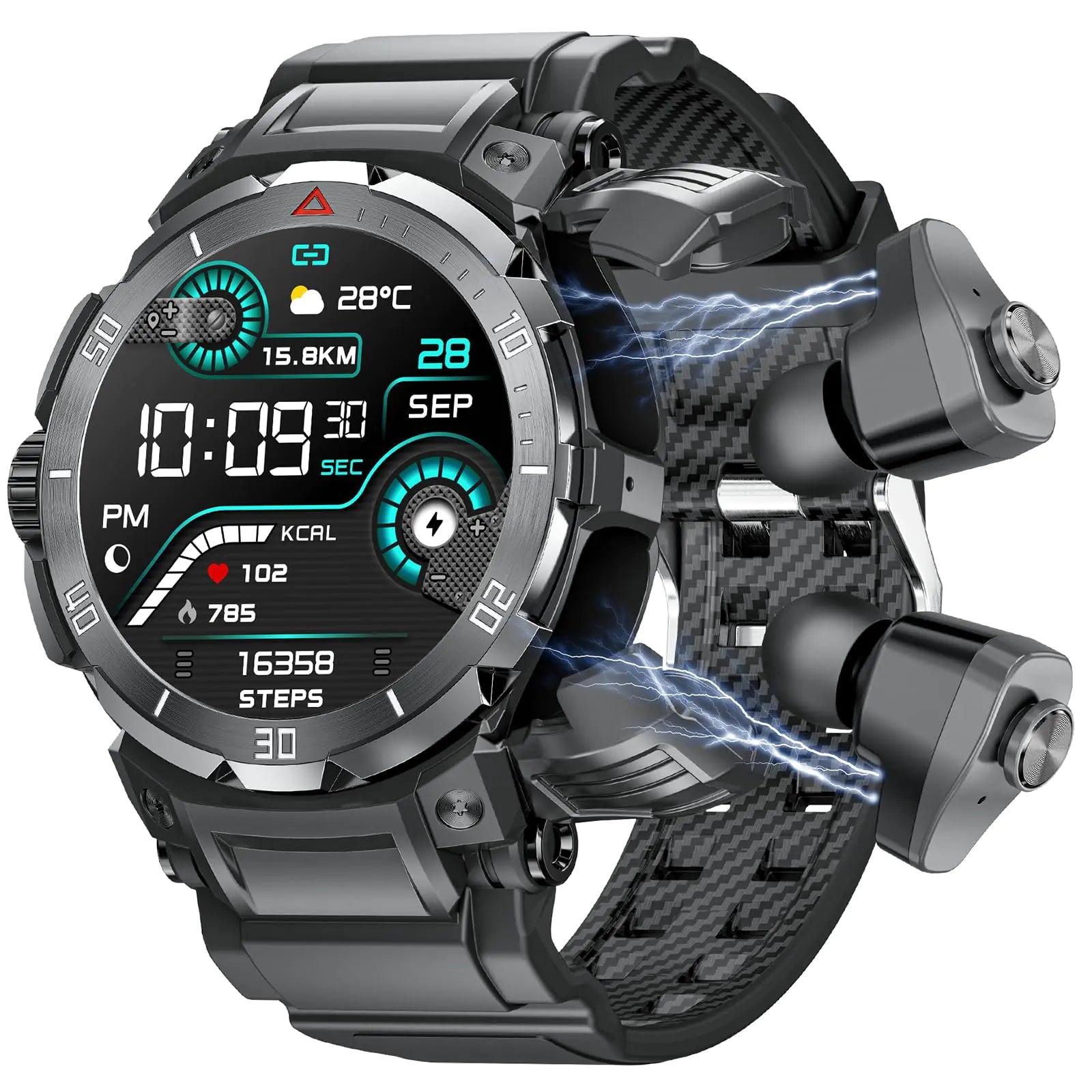 paazomu New 3 in 1 Smart Watch for Men with TWS Headset Rugged Military Bluetooth Call Fitness Tracker IP67 Waterproof for Android iOS (Black) - Oana Prime Shop