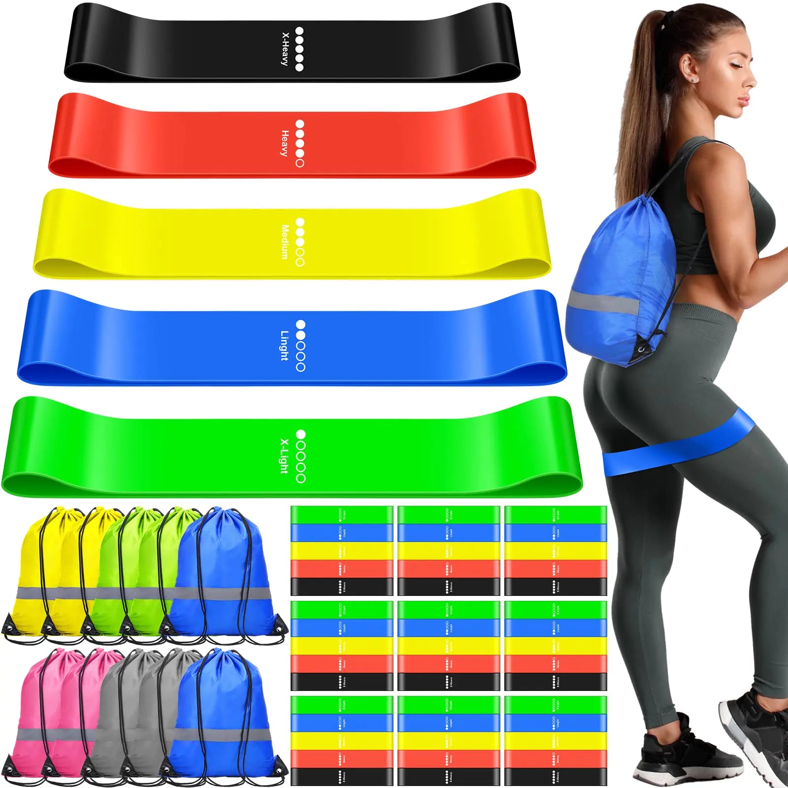 60 Pcs Workout Loop Resistance Bands Bulk Gym Elastic Bands Set for Fitness Sport Class Students Members Gift Physical 5 Pieces Each Set with Large Drawstring Backpack Bags - Oana Prime Shop
