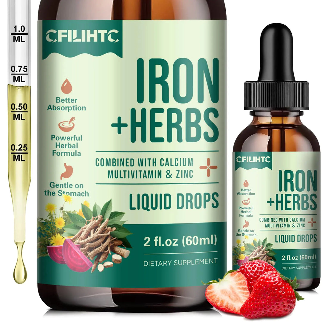 Liquid Iron Supplement for Women Men Iron Drops with Womens Health Herb Blend Calcium Zinc & Multivitamin - Support Blood Builder Skin Energy Immune for Iron Deficiency Anemia Vegan 2 Fl Oz