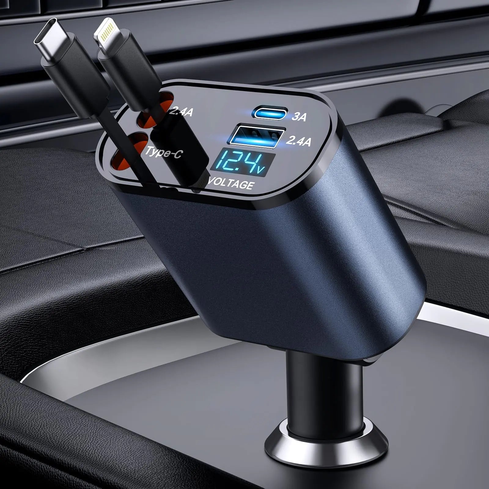 TIKTOK SHOP Retractable Car Charger, 4 in 1 Fast Car Phone Charger 66W, Retractable Cables and USB Car Charger,Compatible with iPhone 15/14/13/12/11,Galaxy,Pixel - Oana Prime Shop