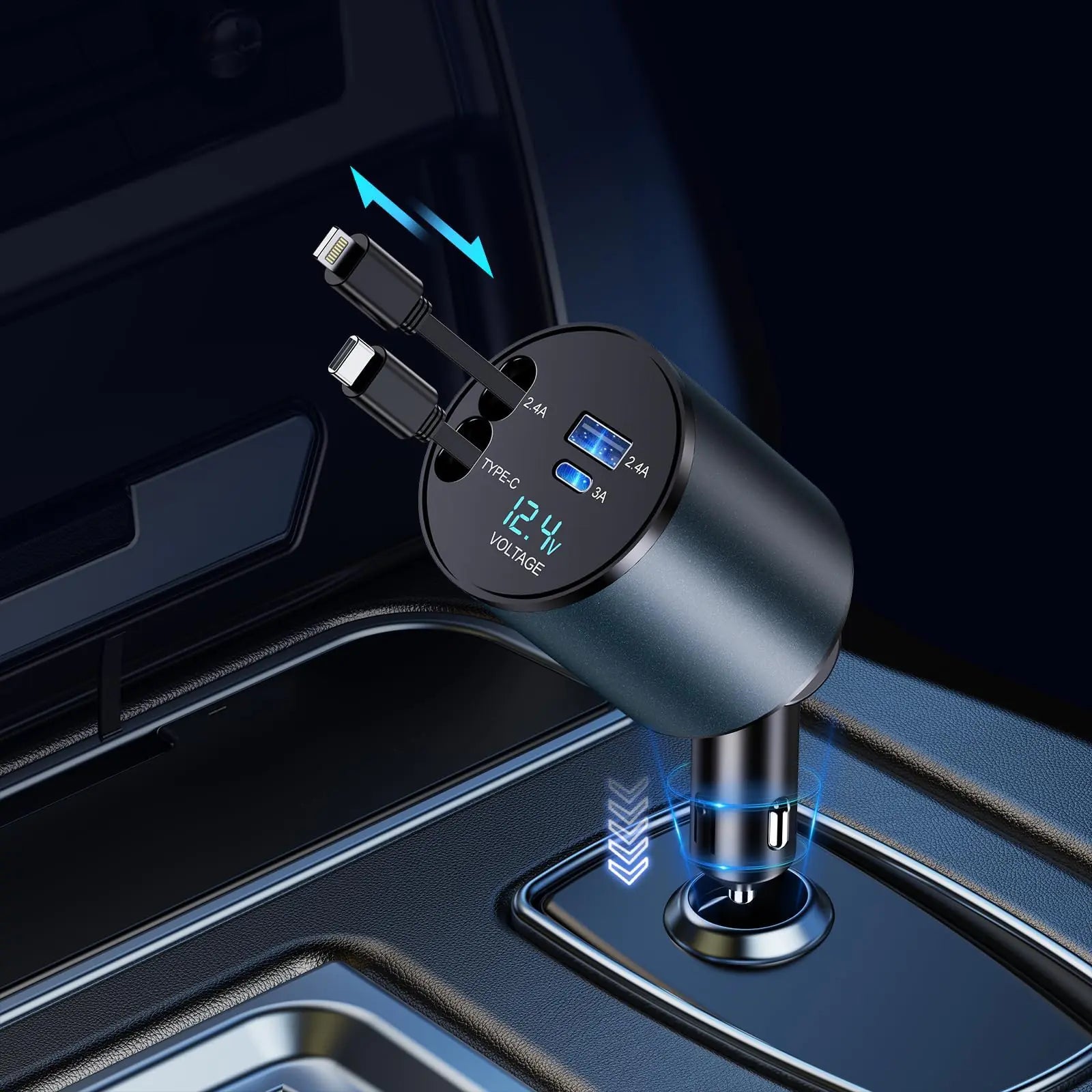 TIKTOK SHOP Retractable Car Charger, 4 in 1 Fast Car Phone Charger 66W, Retractable Cables and USB Car Charger,Compatible with iPhone 15/14/13/12/11,Galaxy,Pixel - Oana Prime Shop