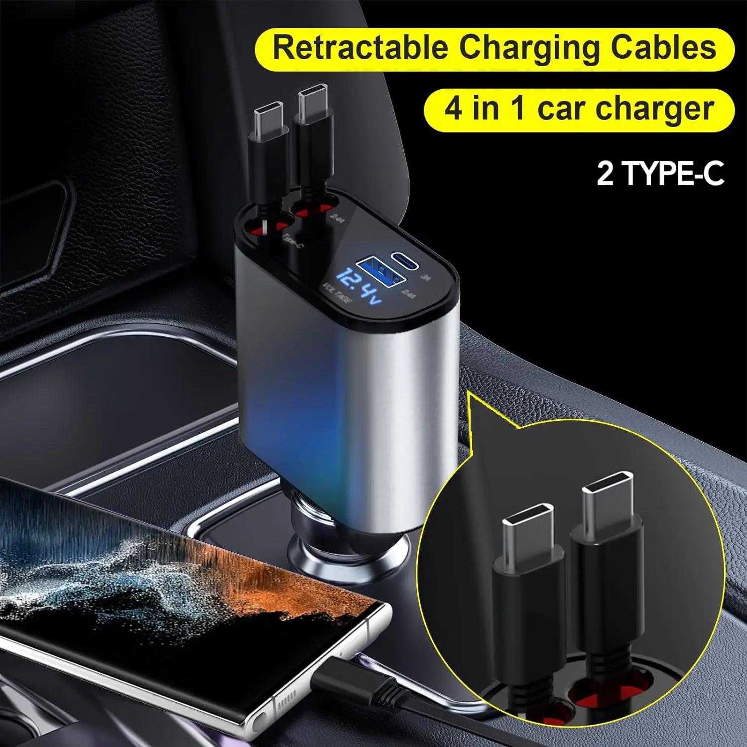 TIKTOK SHOP Retractable Car Charger, 4 in 1 Fast Car Phone Charger 66W, Retractable Cables and USB Car Charger,Compatible with iPhone 15/14/13/12/11,Galaxy,Pixel - Oana Prime Shop
