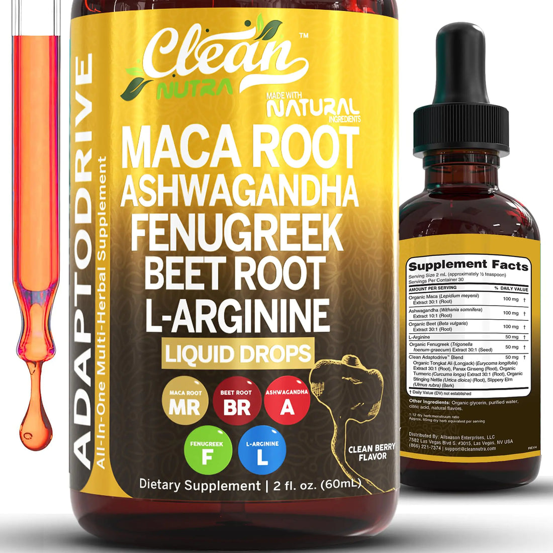 Organic Maca Root Liquid Drops with Ashwagandha Fenugreek Beet Root and L-Arginine Liquid Multivitamin for Women and Men - Adapto Drive by Clean Nutra