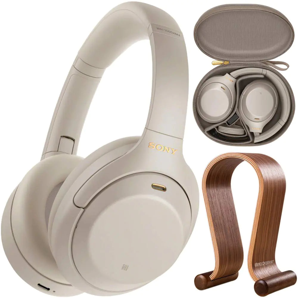 Sony WH1000XM4/S Premium Noise Cancelling Wireless Over-The-Ear Headphones Bundle with Deco Gear Wood Headphone Display Stand and Protective Travel Carry Case - Oana Prime Shop