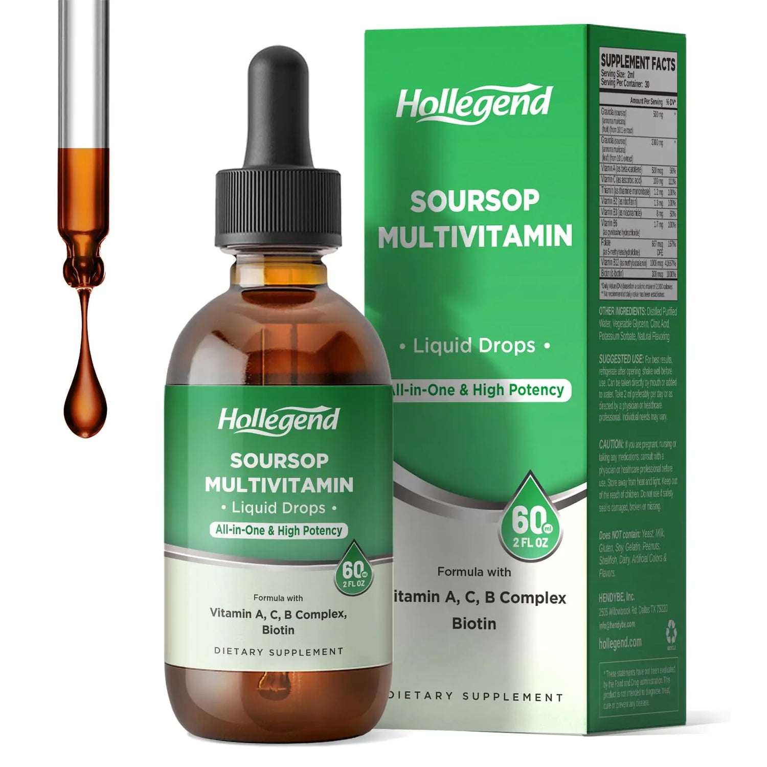 HOLLEGEND Soursop Multivitamin Liquid Drops Methylated Multivitamin with Graviola Soursop Bitters Liquid for Immune Support Hair Skin Brain Health 2 Fl Oz